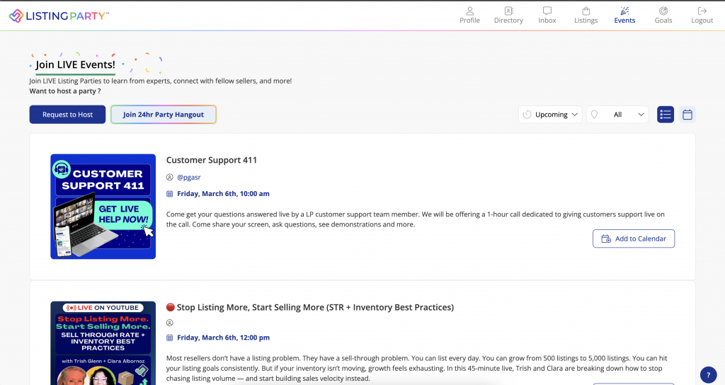 Listing Party Support 411 option to always get help. 